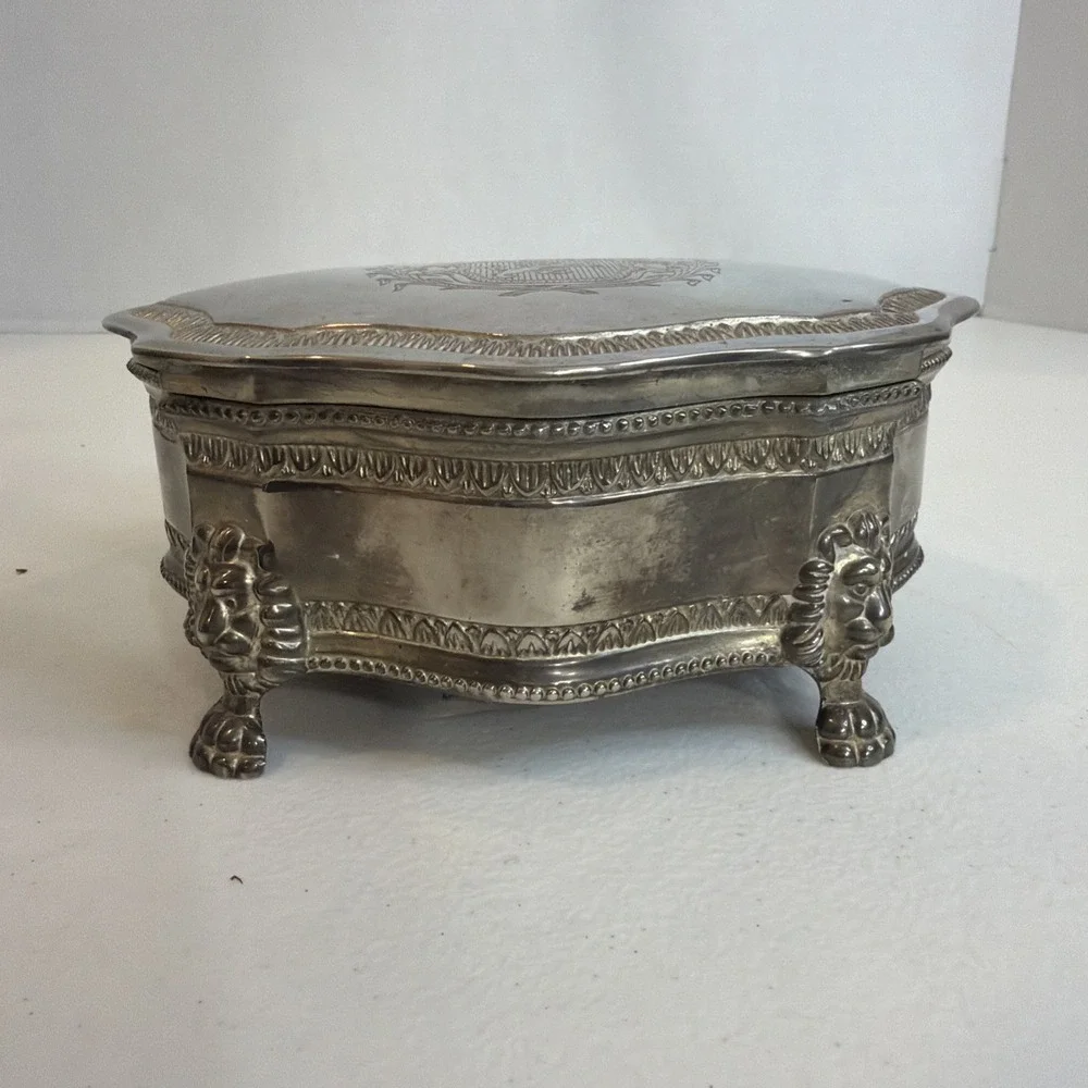 Vintage Silver Plated Jewelry Trinket Box Lion Feet British Royal Coat of Arms